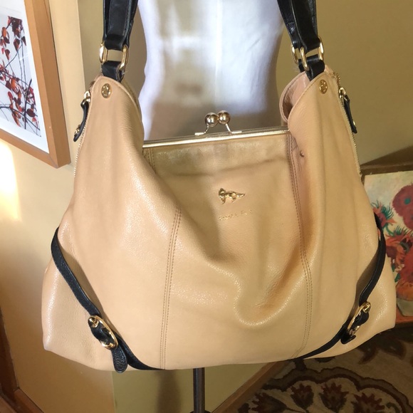 EMMA FOX Large Leather Hobo Shoulder Bag KissLock British Tan Black Elegant Luxe - Picture 2 of 16